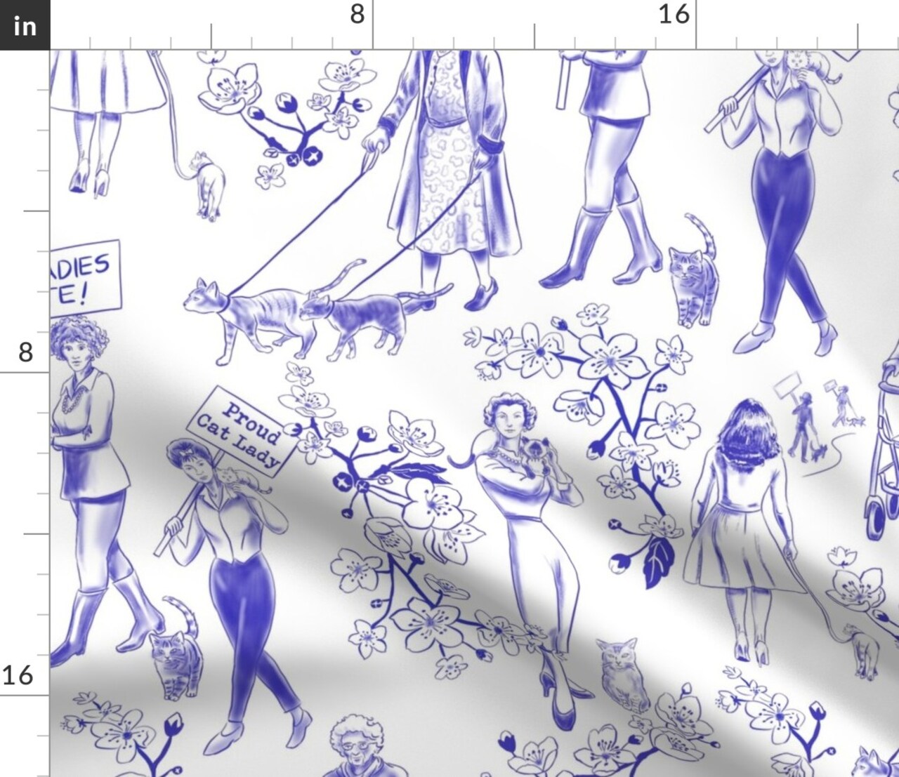 Feminist Cats Women Pets Toile De Jouy Cherry Blossoms Flowers Floral Botanical Novelty Cat Lady Blue And White Animals Preppy Protest March Custom Printed Fabric by Spoonflower Various Fabrics by the Yard or Fat Quarter
